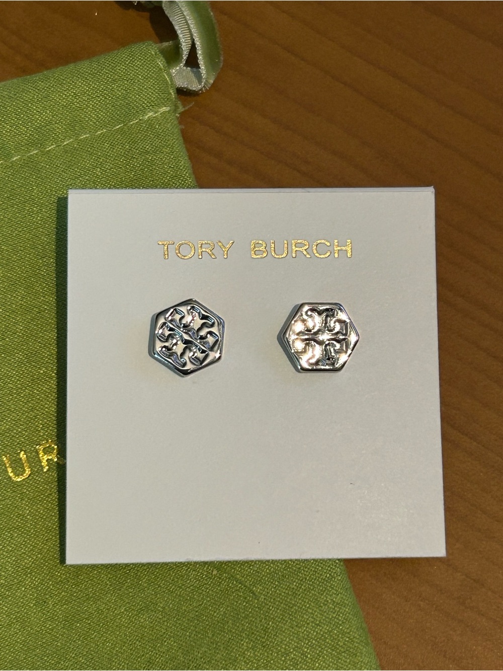 Tory Burch Silver Hexagon Logo Stud Earrings